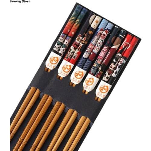 Reusable 5 Pair Set Handmade Chopstick Bamboo Japanese Natural Wood Chopsticks Sushi Lucky Cat Cherry Blossoms Wooden Chop Stick