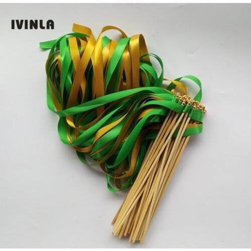 50pcs/lot Gold and Green ribbon wands with gold bell for wedding decoration