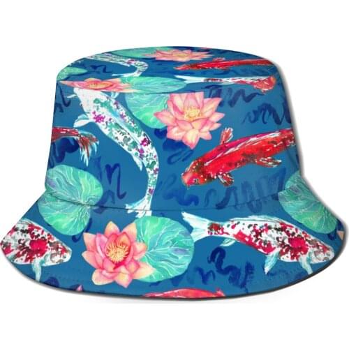 Women Summer Koi Carp Swimming In Pond Waves Lotus Flowers Bucket Hat Bob Fisherman hat Outdoor Travel Sun Visor Fashion Panama