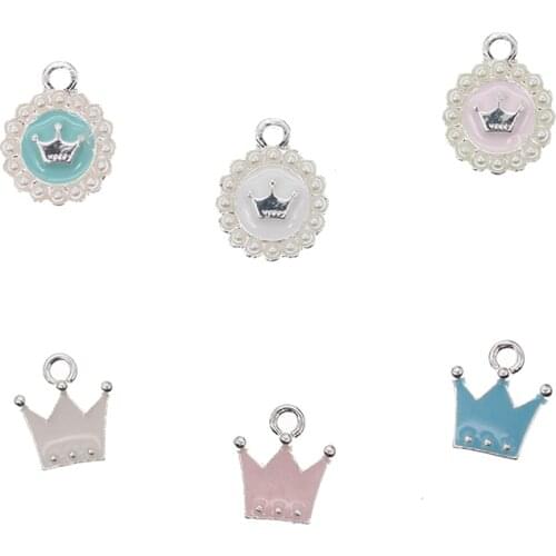 Alloy silver plated charms for DIY baby pins jewelry making craft pink blue white pure enamel pearl crown crystal charm pendant