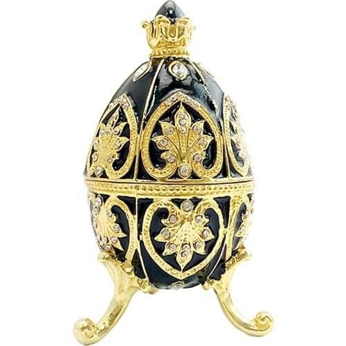 Black Enamel Crytsal Flower Heart Easter Egg Stand Jewelry Box Wedding Gift