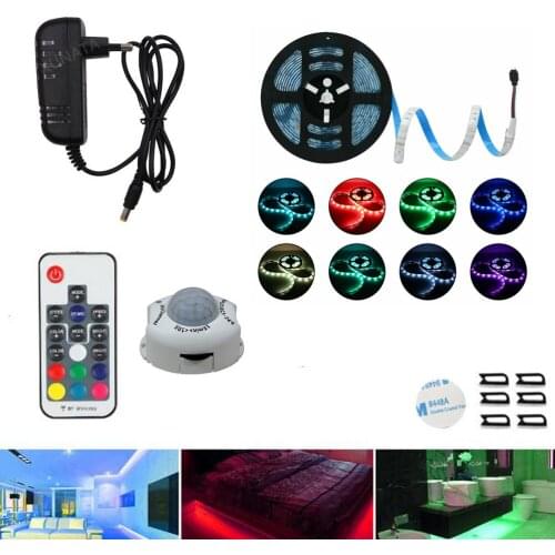 PIR Motion Sensor LED Under Cabinet Lights 5050 SMD RGB Flexible LED Strip Stairs Bedroom Washroom Under Bed Night Lights 1m 5m