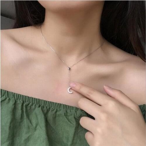 Vintage Lady Silver 925 Necklace Girls Clavicle Accessories Fashion Zircon Moon Star Pendant Necklace For Women Jewelry Charm