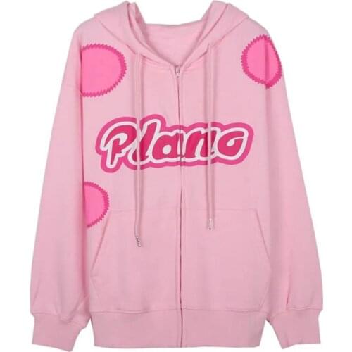 Y2K winter Fashion Zipper Tops Vintage E-bike Girl Pink Long Sleeve Pink Hoodies 2000s Aesthetic Indie Sweatshirts Slim