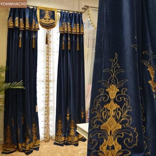 Custom curtains high quality Turkey British Vintage Luxury blue embroidered thick cloth blackout curtain tulle drape B674