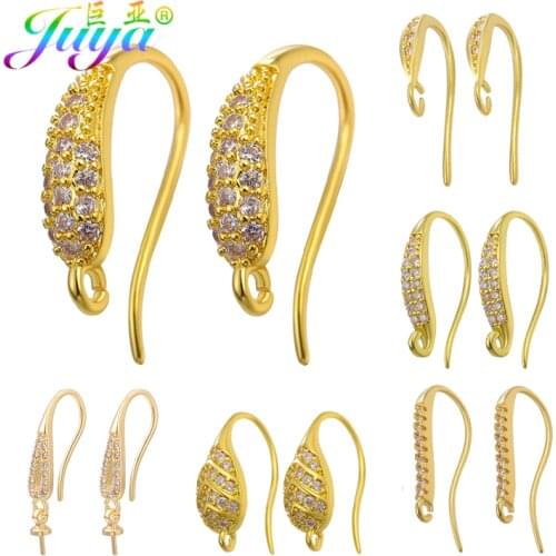 Juya DIY Simple Ear Hole Clasp Supplies Gold/Silver Color Dangle Earring Hooks Accessories For Pearls Crystals Earwire Making