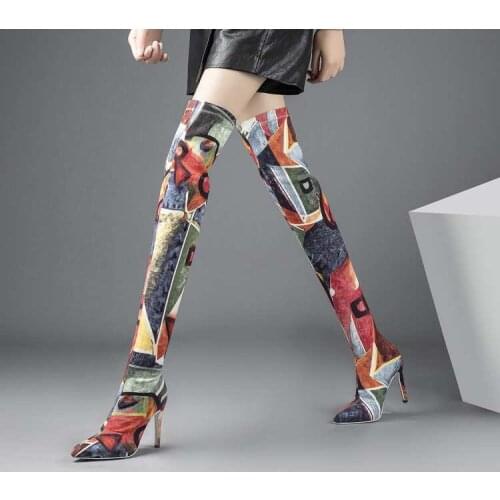 Celebrity Style Mixed Colors Stretch Fabric Women Over The Knee Boots Pointy Toe Ladies Sexy Stiletto Thigh Boots Party Boots