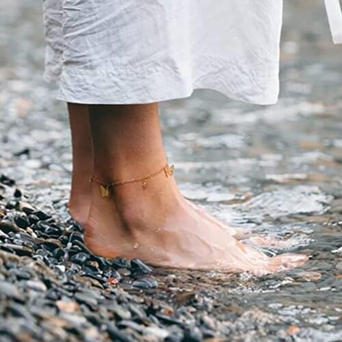 Butterfly Bead Pendant Ankle Bracelets for Women Plated Metal Chain Beach Dainty Cute Foot Jewelry