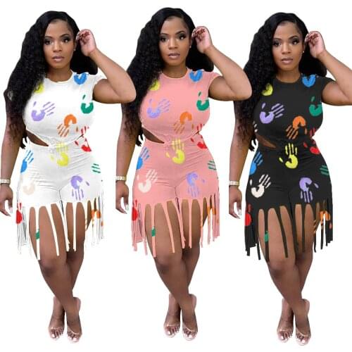 Fashion Print Tassels Hem 2 Piece Set Short Sleeve T-Shirt and Shorts Women Fringe Clothing Summer Tracksuit Plus Size S-4XL