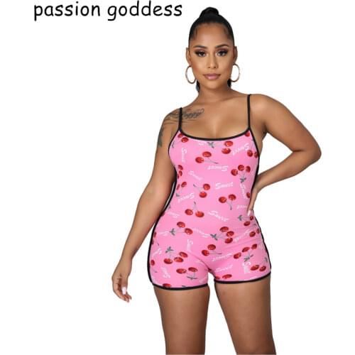 Women Summer Sexy Short Jumpsuit Romper Plus Size Skinny Letter Cherry Print Spaghetti Strap Playsuits Pink White Sweet Jumpsuit