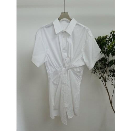 Women Irregular Shirt Dress 2021 Early Autumn Waist Hollow Out Twisted Fashion Ladies Short-sleeved Mini Dress