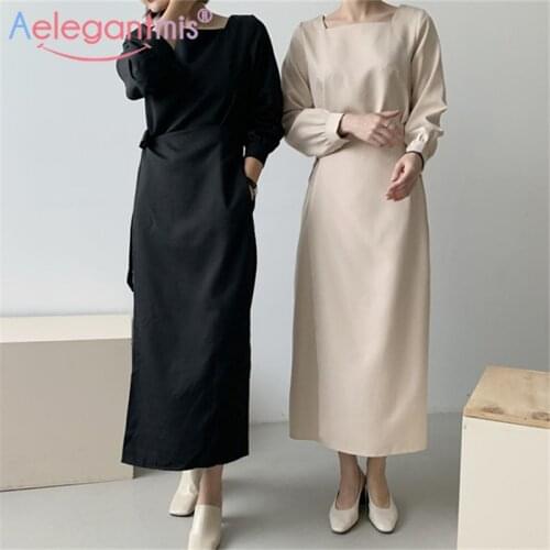 Aelegantmis New 2021 Womens Spring Autumn Dresses Design Fashionable Korean Style Elegant Vintage Midi Dress Sashes Vestidos
