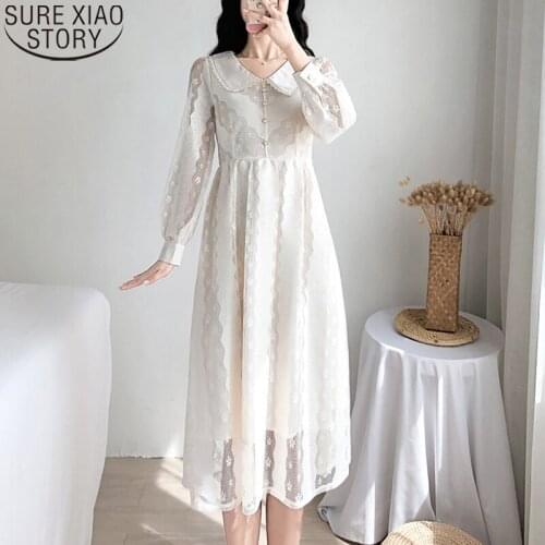 French Chiffon Lace Dress Plus Size Dress S-4XL Sweet Doll Collar Long Dresses Women High Waist Vestido Midi Elegante 13017