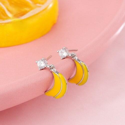 2021 New Style Trend Summer Fruit Banana Stud Earring Cute Girl Shiny Zircon Earrings Fashion Simple Birthday Party Jewelry