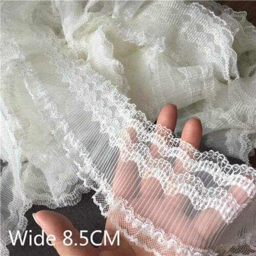 8.5CM Luxury White Elastic Pleated Chiffon Organza Lace Princess Ribbbon Trim Dress Collar Neckline Applique DIY Sewing Supplies