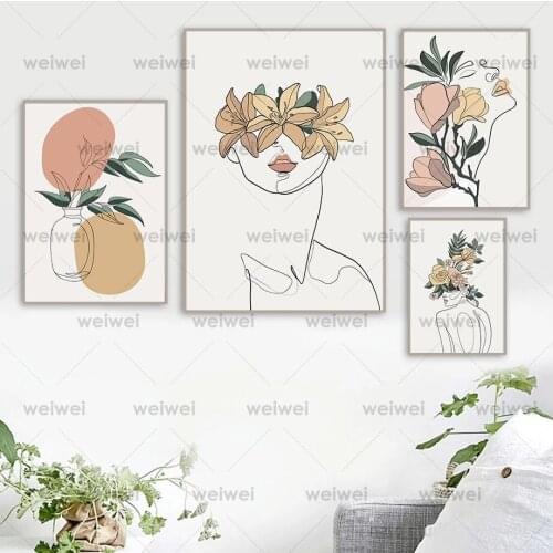 Abstract Woman Line Simplicity Plant Wall Canvas Painting Nordic Posters and Prints Wall Pictures for Living Room Home Decor