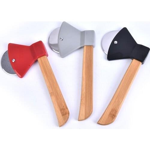 Home Kitchen Cutting Tool Axe Bamboo Handle Pizza Cutter Rotating Blade NEW