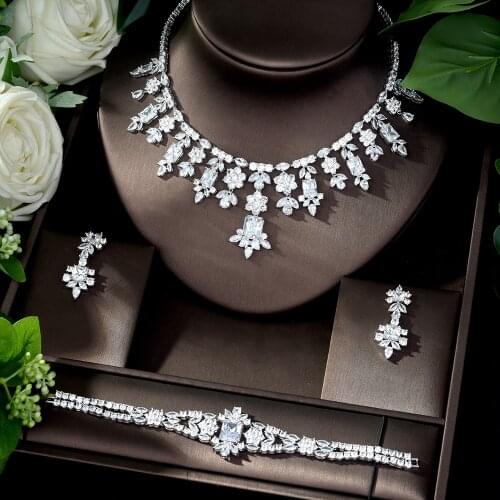 HIBRIDE Exclusive Dubai Gold Plate Jewelry Luxury Cubic Zirconia Necklace Earring Bracelet Party Jewelry Set for Women SS09
