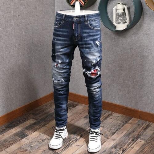 European Street Fashion Men Jeans Retro Blue Slim Fit Ripped Jeans Men England Style Patches Designer Hip Hop Denim Punk Pants