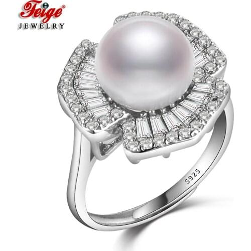 Classic 925 Sterling Silver Pearl Ring for Women Wedding Jewelry Gifts 9-10MM White Pearls Jewelry Luxury Adjustable Rings FEIGE