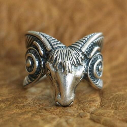 Long Horn Ram Skull Ring 925 Sterling Silver Mens Biker Ring TA123 US Size 7~15