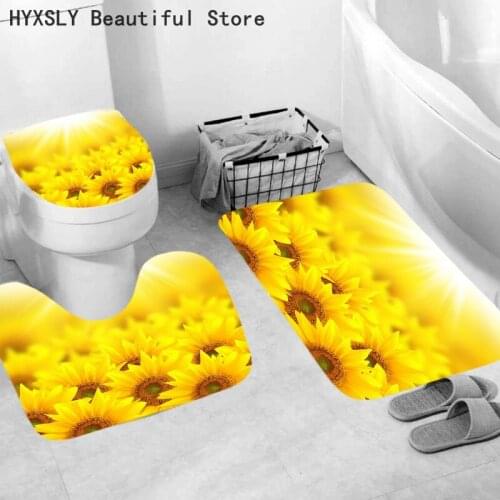Sunfower Blossom Printed Rug Mat Carpet 3pcs/set Bathroom Decoration Anti-skid Fabric Toilet Lid Cover Custom Design Bath Mats