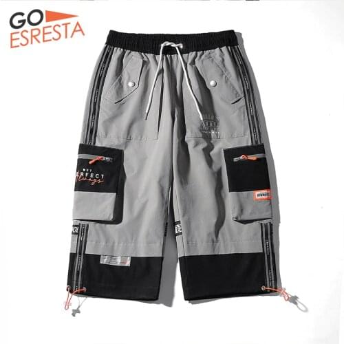 GOESRESTA Mens Shorts Trendy Sports Loose Reflective Casual Shorts Mens Seven-point Big Pocket Street Clothing Tooling Shorts