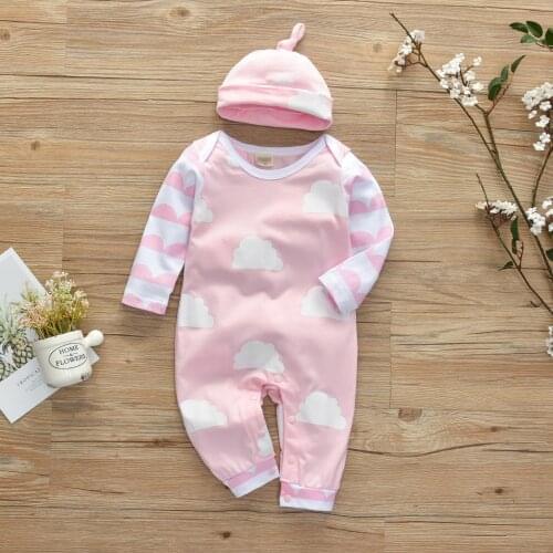 Soft Cotton Newborn Baby Girl Clothing Set Cloud Print O-Neck Jumpsuit Pajamas With Hat Infant Toddler Baby Clothes Set