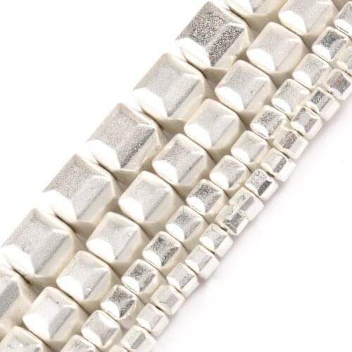 Matte 14K Silver Color Hematite Stone Square Loose DIY Beads for Jewelry Making Birthday Gift Bracelets 15'' Strand