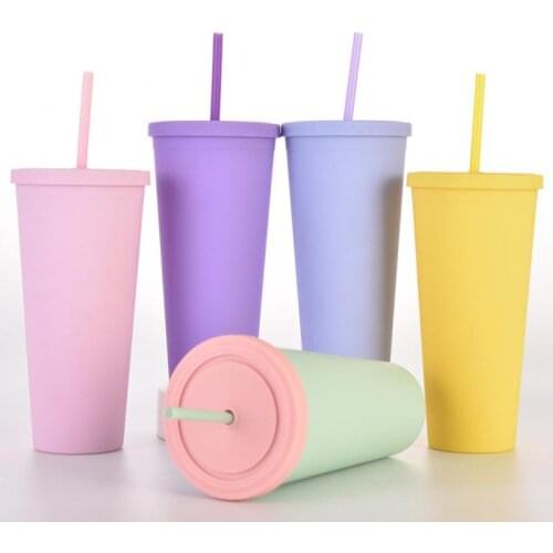 New 24OZ Double-layer Plastic Straw Cup Coffee Cup Large-capacity Cone Water Cup Frosted Ready-to-hand Cup Sublimation Tumbler