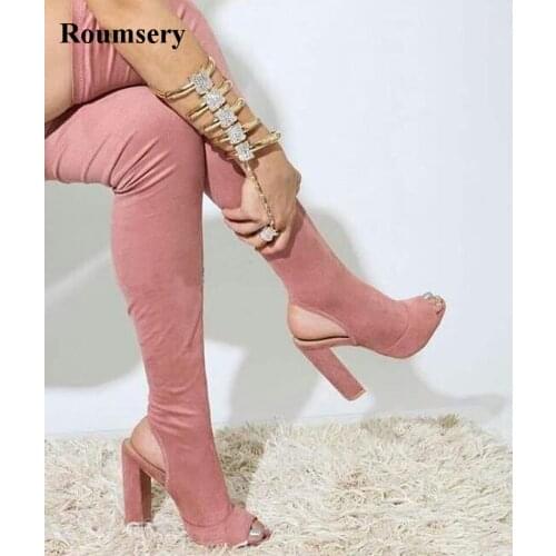 New Arrival Women Fashion Open Toe Suede Leather Over Knee Slim Long Boots Cut-out Thick Heel Thigh High Heel Boots Dress Shoes