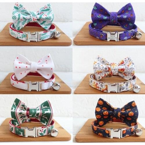 Personalized Cat Collar with Bell Bowtie Kitten Necklace Customized Engraving Nameplate Puppy Small Dogs Collar for Cat Kitty