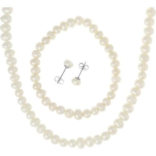 Stainless Steel Freshwater Cultured Pearl Necklace, Bracelet, 6.5mm Earrings Jewelry Set