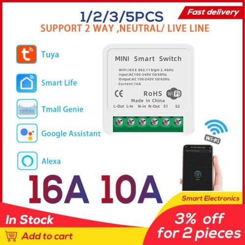 5PCS 16A /10A Mini Tuya WiFi Switch Led Light Smart Life push Module Supports 2 Way APP Voice Relay Timer Google Home Alexa