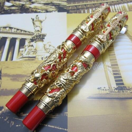 2PCS JINHAO Carving Dragon and Phoenix Lucky Clip Fountain Pen and ball Pen Silver Red White Red Silver Black Optional J1K28R