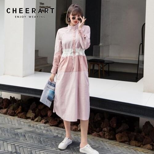 CHEERART Pink Long Sleeve Autumn Dress Button Up Stand Collar Drawstring Long Casual Korean Dress Fall 2020 Women Clothing