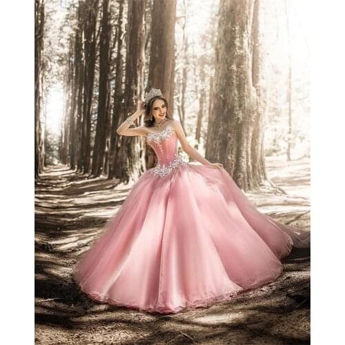 Pink Quinceanera Dresses Ball Gown Sweetheart Floor Length Tulle Beaded Puffy Cheap Sweet 16 Dresses