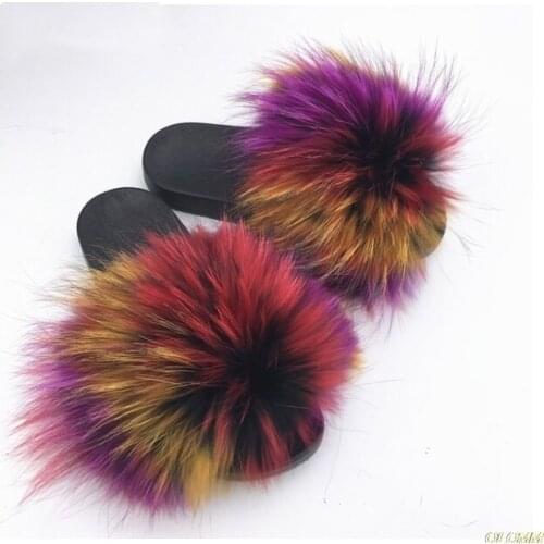 Summer Ladies Colorful Fox Fur Fluffy Slippers Womens Lovely Plush Real Fox Hair Slides Party Furry Flip Flops Womens Sandals