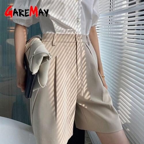 Khaki Womens Summer Fashion Shorts Knee-length Wide High Waist Formal Long Shorts Female Loose Casual Short Pants Women Black