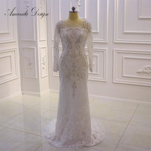 Amanda Design Long Sleeve Crystal Pearls Wedding Dress Patterns