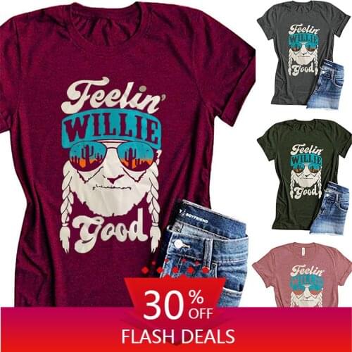 Feelin WILLIE Good Print Summer Women T Shirt Cute Human Head Cactus Glasses Graphic Plus Size Tshirts Ladies Harajuku Clothes
