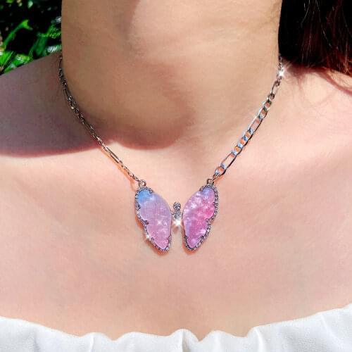 Flatfoosie Shiny Butterfly Crystal Pendant Necklaces for Women New Design Gold Silver Color Necklace Fashion Jewelry Party Gift