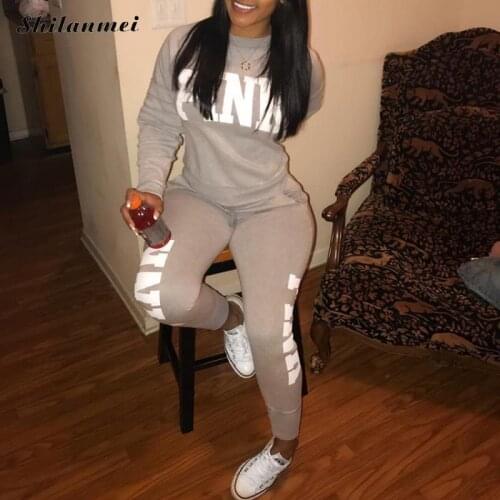 Long Sleeve Women Tracksuits Plus Size Pink Letter Print Casual 2 Piece Pants Set Milk Silk & Polyester Spring Tracksuits Women