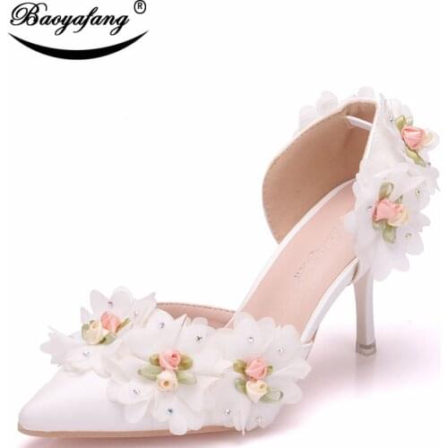 Bao Ya Fang Womens bridal shoes Fashion White Fine-heeled pointed sandals sweet Hollow Two-piece Sandals Banquet shoes