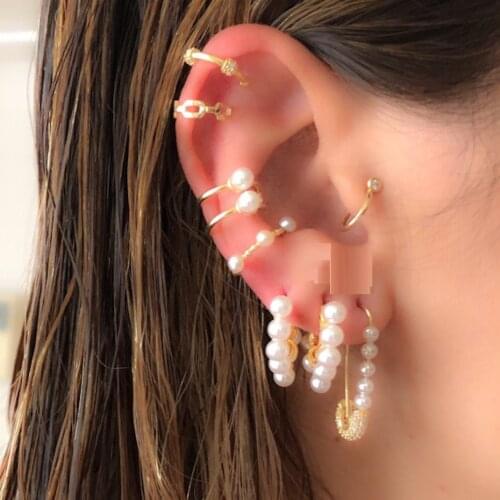 2020 summer new arrive trendy women jewelry white sea pearl beaded white rainbow cz safety pin hoop earring