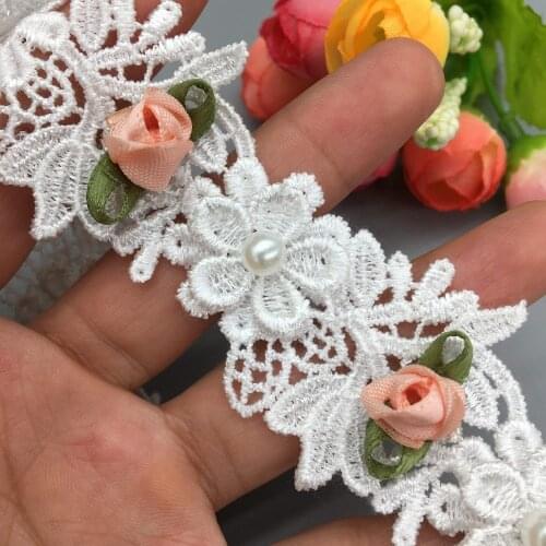20x Soluble Polyester Pearl Rose Flower Lace Trim Embroidered Ribbon Fabric Handmade Wedding Dress Applique Sewing Craft