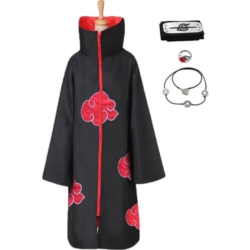 3Pcs Itachi Cosplay Costume Cloak Long Red Cloud Robe Halloween Costumes Cloak Costume with Headband and Ring
