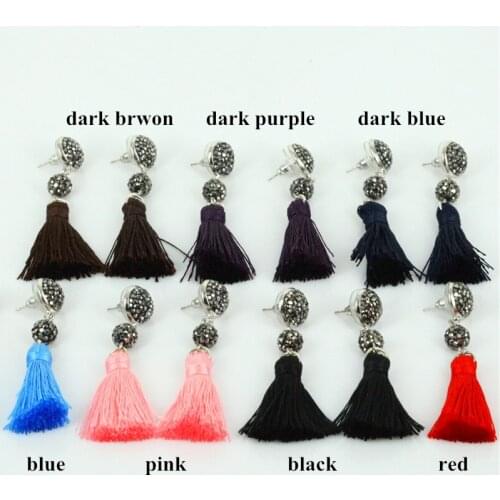 6mm round ball pave black crystal rhinestone with pink red dark blue brown purple silk fabric tassel dangle earrings for women