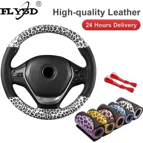 38Cm Leopard Steering Wheel Cover Breathable Comfortable Soft Leather DIY Hand Braid Sewing Auto Steering-Wheel Case Interior