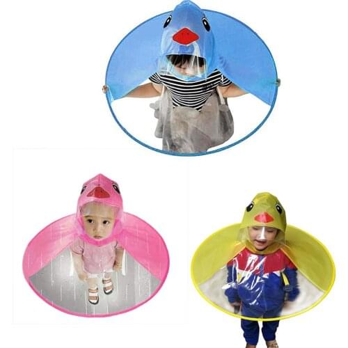 Cute Raincoat Cartoon duck Kids Rain Coat UFO Children Umbrella Hat Hands Free Tops Boys And Girls Windproof Poncho Baby